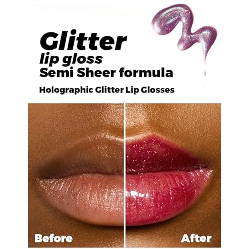 Erinde Glitter Shimmer Lip Gloss, Hydrating High-Shine Glimmer Finish & Sheer Wash Of Color Lip Oil, Non-Sticky, Moisturizing Lip Makeup, Bling Sparkle Lip Gloss Lipstick, Vegan & Cruelty-Free, 05