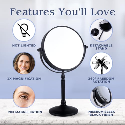 20X Magnified Makeup Mirror with Stand - Double Sided 20x and 1x Cosmetic Mirror for Make Up Desk, Dressing Table, Bathroom Countertop - 6" Wide & 12" Tall (Black)