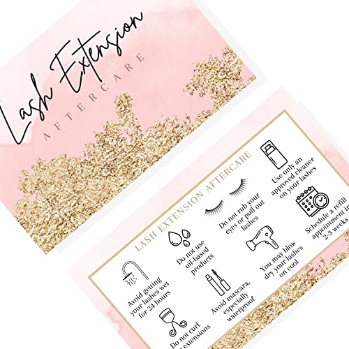 Lash Extension Aftercare Cards | 50 Pack | 2x3.5" inch Business Card Size | Eyelash Extension Supplies | Lash Aftercare | Pink Watercolor and Gold Design