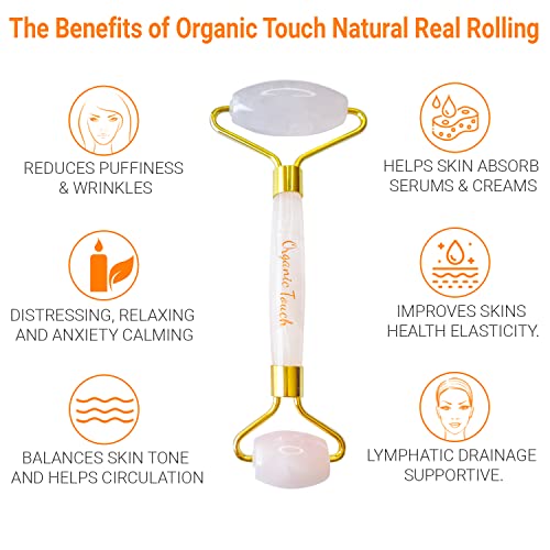 Face Roller & Gua- Sha Natural Rose Quartz Cold Facial Set For Puffy eyes | By Organic Touch Beauty | Boost Blood Circulation | Minimizes Wrinkles Pores and Fine Lines | Lymphatic Drainage