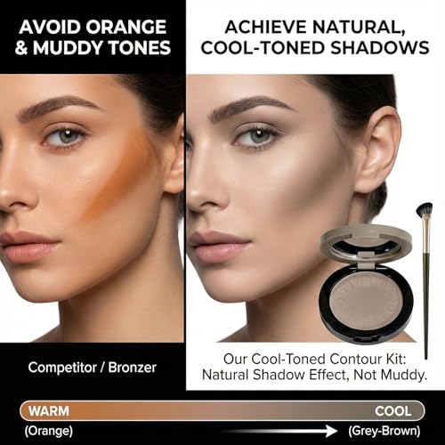 Cool-Toned Grey Contour Powder Palette with Mirror & Makeup Brush Set ? Long-Lasting Taupe Matte Finishing for Fair Pale Skin, Multi-Purpose Nose & Face Sculpting Kit, Travel-Friendly Compact
