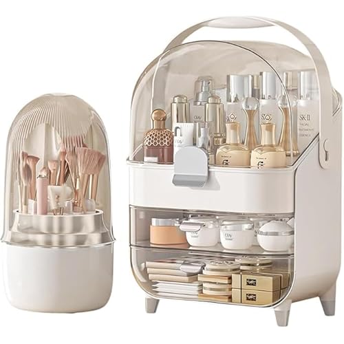 Makeup Organizer Countertop, Makeup Brush Holder with Lid & Drawers, Bathroom Vanity Organizer and Storage, Make Up Organizer for Vanity, Skincare Organizer Gifts for Girls, Wife, Mom