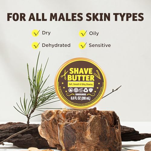 Shave Butter, Shaving Cream for Sensitive Skin, Naturally Derived with Shea Butter and Sandalwood Oil for the Smoothest Shave, Soft and Silky Skin -Sandalwood Scent, 200ml(6.8 floz)