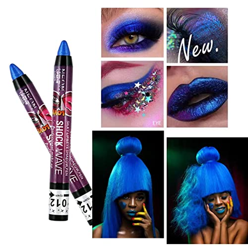 MEICOLY 2pcs Blue Eyeshadow Stick for Halloween Corpse Bride Avatar Sally Makeup, Metallic Shimmer Crayon, Waterproof Shiny Rotating Single Eye Shadow Pencil Eyeliner Stick