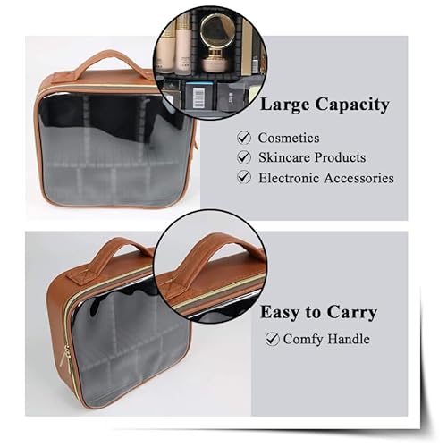 Clear Makeup Case - Cosmetic Case with Dividers, Large Capacity Makeup Bag, Pu Leather Organizer (Brown)