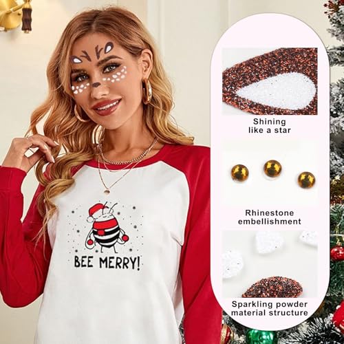 Christmas Reindeer Face Tattoos Glitter Temporary Tattoo Cute Deer Fake Tattoos Eyes Face Gems Stickers for Women Girls Christmas Halloween Holiday Party Supplies 2Pcs