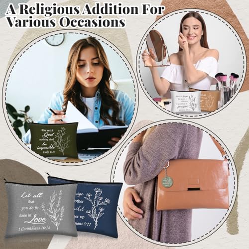 Funrous 12 Sets Religious Gifts Bulk for Women Motivational Bible Cosmetic Bags Aesthetic Inspirational Makeup Bags with Christian Quotes Keychains for Church Women Friends Appreciation Gifts Supplies