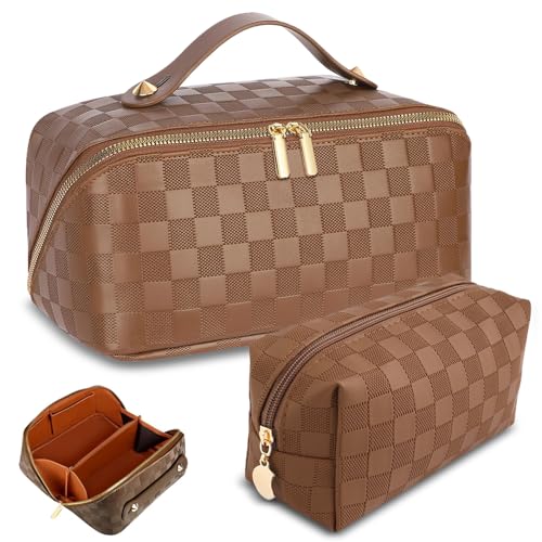 Checkered Travel Makeup Bags Cosmetic Organizer Bag: 2-Set Large Capacity Waterproof Makeup Bag - PU Leather Toiletry Bag for Women - Wide Open Portable Pouch with Handle and Divider (BROWN)