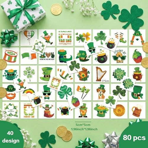 80 Pcs St Patricks Day Tattoos for Kids and Adults, 40 Designs Shamrock Temporary Tattoos Face Stickers, Waterproof Irish Party Favors Accessories, Green Clover Leprechaun Body Art Decor