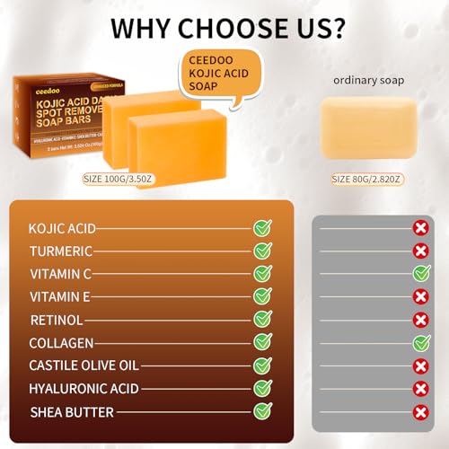 Kojic Acid Soap for Dark Spot Remover Bars with Turmeric, Vitamin C, Retinol, Collagen with Hyaluronic Acid, Vitamin E, Shea Butter, Castile Olive Oil - 3.52 OZ x 2 Bars with Soap Holder & Bag