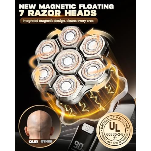 Head Shaver for Bald Men, 7D Upgraded Magnetic Detachable Blades, Wet & Dry IPX7 Waterproof Electric Razor, Fast Smooth Bald Shaving for Head & Face, 5-in-1 Grooming Kit