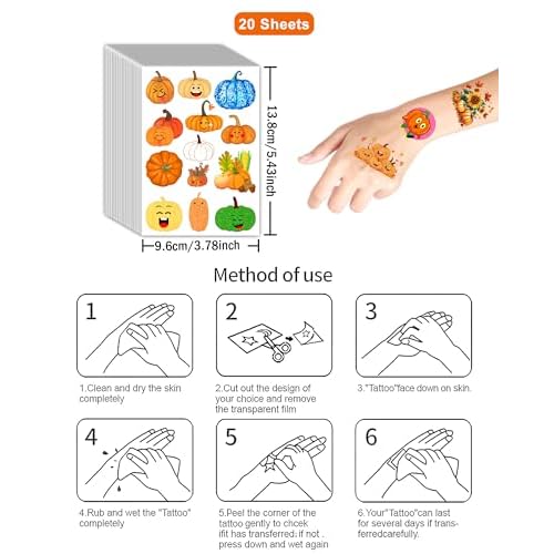 220 Pieces Thanksgiving Pumpkin Temporary Tattoos Stickers,20 Sheets Cute Pumpkin Themed Tattoos Stickers Party Decoration Supplies