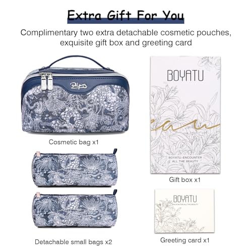 BOYATU Travel Makeup Bag for Women: Large Capacity Make up Bag with Compartments - Vegan Leather Cosmetic Bag set of 3 - Waterproof Toiletry Bag with Handle & Divider(E-3-Blue)