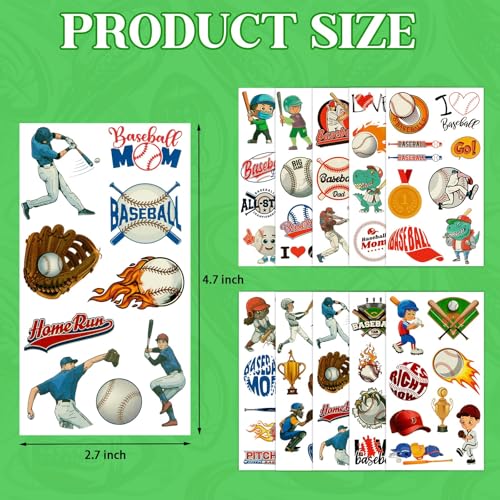 400Pcs+ Baseball Temporary Tattoos Sticker for Kids Boy, American Baseball Tattoos Face Stickers as Themed Party Favors as Cheerleaders Team Players Gifts Supplies
