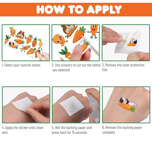 117 PCS Funny Vegetable Carrot Temporary Tattoos Sticker Fruit Carrot Bunny Birthday Party Decor Decorations Supplies Favors Gifts Boys Girls Baby Shower Cute Fake Tattoo School Reward Themed