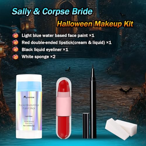 Mysense Sally Makeup Kit,Halloween Corpse Bride costume,Sally Face Cosplay Accessories for Women,Light Blue Face Paint+Red Double-Ended Lipstick+Black Eyeliner+Sponges