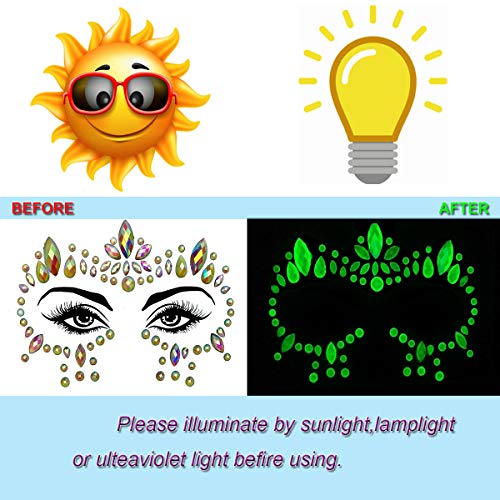 8Sets Glow in the Dark Face Gems Jewels Rave Noctilucent blacklight UV Body Stickers Luminous tattoos mermaid accessories pasties makeup for Women Halloween Festival