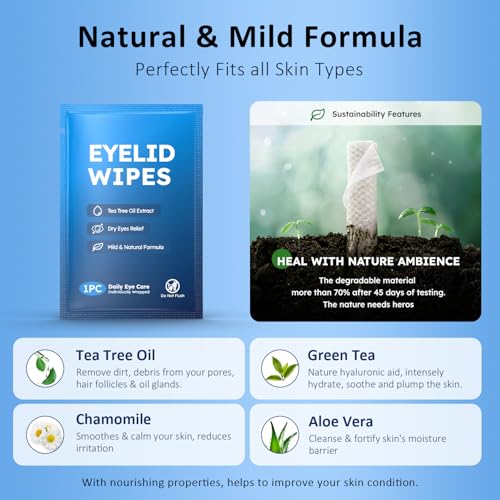 30PCS Eyelid & Lash Wipes for Itchy & Dry Eyes, Tea Tree Oil Eyelid Wipes for Styes & Blepharitis, Daily Eye Cleansing Cloths, Hypoallergenic & Soothing For Sensitive Eyes, Stay Hydrated Lid Wipe