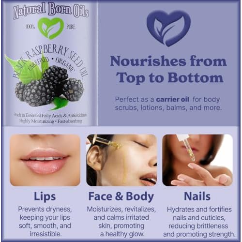 Natural Born Oils Black Raspberry Seed Oil, 8oz, Organic, Cold-Pressed, Antioxidant-Rich, Skin Rejuvenation, Hair Vitality