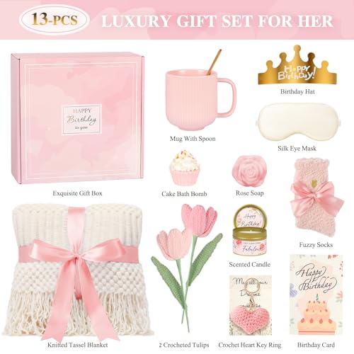 Birthday Gifts for Women - 13PCS Unique Happy Birthday Gifts Basket for Mom Her Best Friend Sister Wife Girlfriend Coworker - Relaxing Spa Self Care Package Valentines Day Gifts Set (Rose)