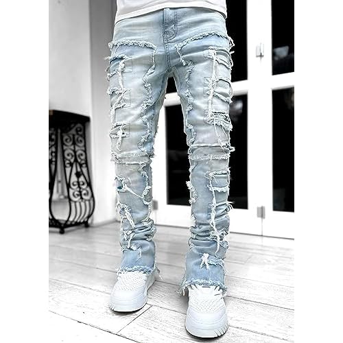 COOLMONAR Men's Ripped Distressed Destroyed Slim Fit Straight Leg Denim Jeans