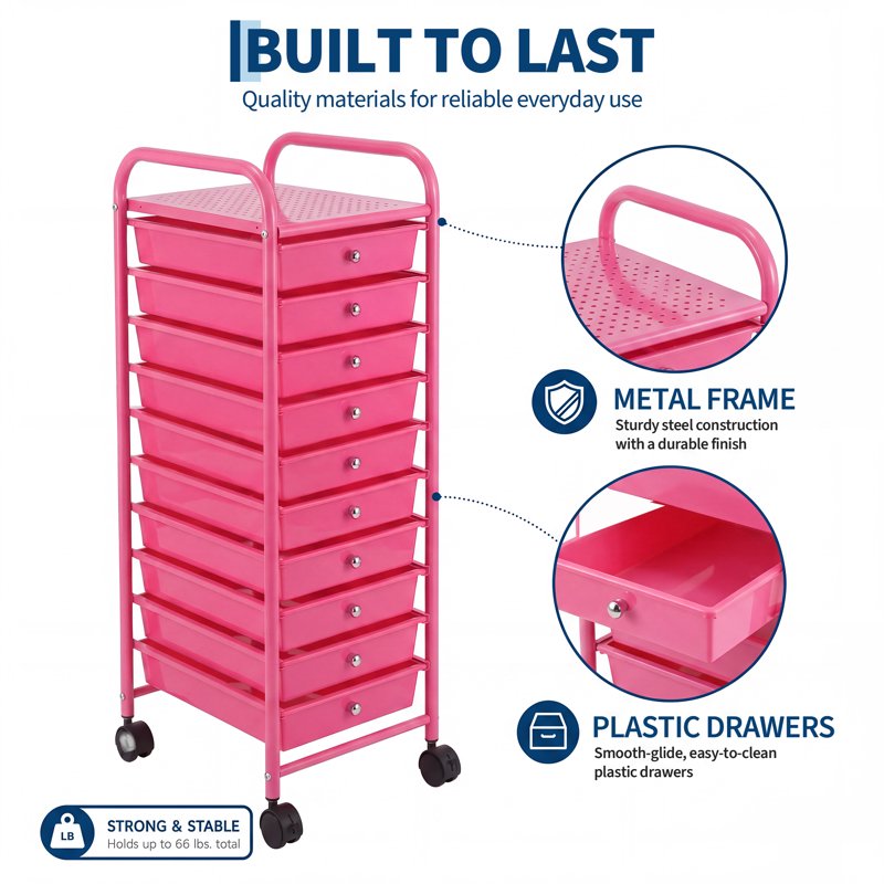 10-Drawer Mobile Storage Cart with Metal Frame & Locking Wheels - Multi-Purpose Organizer
