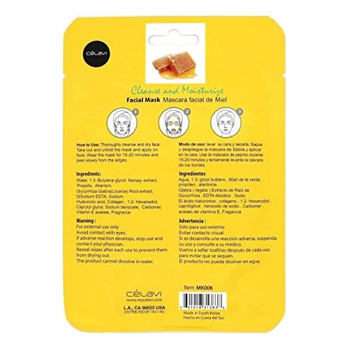 Celavi Essence Facial Mask Paper Sheet Korea Skin Care Moisturizing 12 Pack (Honey)