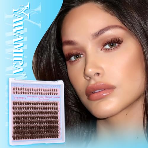 Yawamica Brown Lash Clusters Kit Fluffier Wispy Eyelash Extension Kit with Bottom Lashes 40D Volume Eyelash Clusters 10-16mm Individual Lashes with Brown Bond and Seal and Tweezers DIY Lash