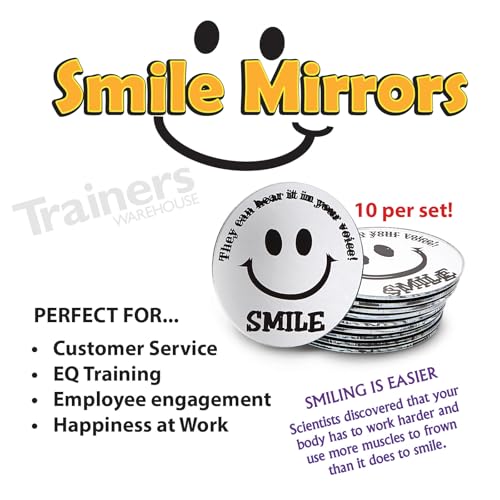 Trainers Warehouse Mini Round Smile Mirrors (10/Set) | A Reminder to Communicate Positive Energy Through Voice - Handy Mini-Mirror | 2.25 Inch Diameter Adhesive Backing