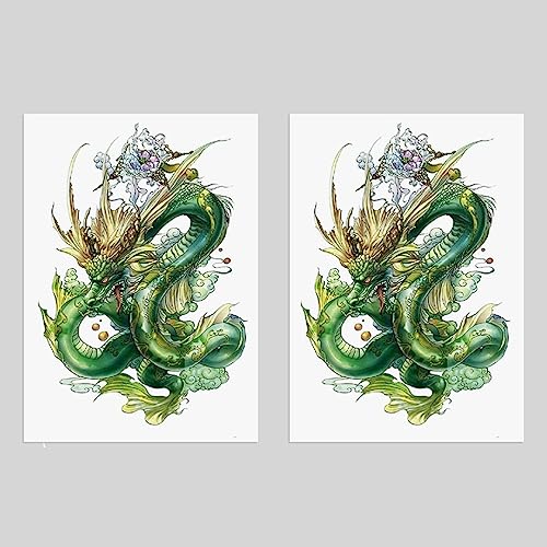 2 Sheets Arm Thigh Waterproof Fake Temporary Tattoos Sticker Green Chinese Dragon