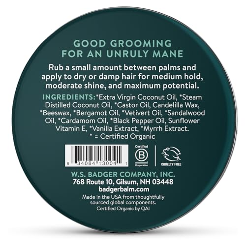 Badger Hair Pomade for Men, Organic, Easy to Use, Subtle Masculine Scent, Medium Hold Hair Pomade with Medium Shine Finish, Nourishes Hair & Scalp 2 oz Tin