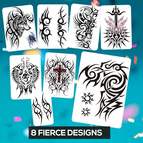 8-Sheet Waterproof Temporary Tattoos - Large Realistic Body Art for Men Women - Premium Fake Tattoo Stickers for Concerts & Beach Parties