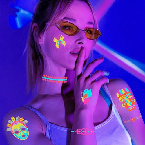 201pcs Glow In the Dark Tattoos for Party Supplies, Glow Temporary Tattoos Under Neon UV Blacklight for Kids Teens and Adult, Glow in The Dark Party Decorations, Glow Party Favors