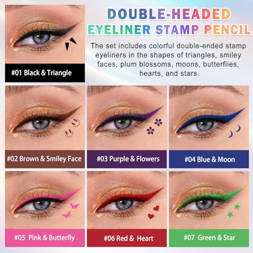 CAHIUYOA 7PCS Colorful Eyeliner Stamp Pen,Double-headed Eye Liner Liquid Liner Pencils for Face Stamps Makeup,Long-lasting Smudgeproof delineador de ojos contra el agua