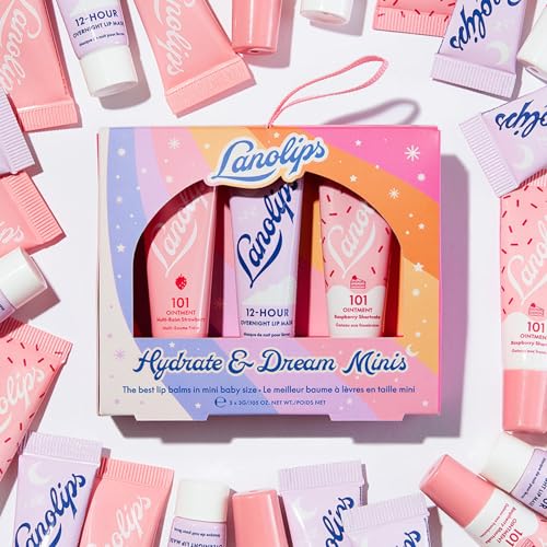 Lanolips Hydrate & Dream Minis Gift Set - Includes 101 Ointment Lanolin Lip Balm in Strawberry & Raspberry Shortcake + 12 Hour Overnight Lip Mask - Lanolin Skin Care Set (3 Pieces)