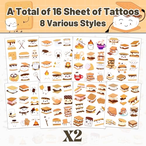 192 PCS Smores Temporary Tattoos Stickers, Smores Party Favors Campfire Birthday Party Decorations Supplies