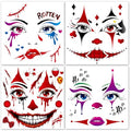 HOWAF 4 Sheets Halloween Clown Face Tattoos Joker Full Face Temporary Tattoos, Hallows' Eve Creepy Clown Evil Costume Tattoo Stickers, Jokers Clowns cosplay Make Up Facial Tattoo