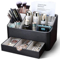 KINGFOM Leather Makeup Organizer with Drawer, Cosmetic Storage for Dresser Countertop and Bathroom Vanity, Beauty Holder for Lipstick Brush Skincare (Black)