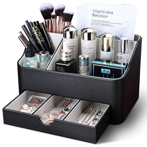 KINGFOM Leather Makeup Organizer with Drawer, Cosmetic Storage for Dresser Countertop and Bathroom Vanity, Beauty Holder for Lipstick Brush Skincare (Black)