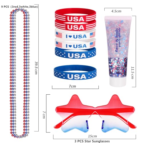 Go Ho 4th of July Outfits for Women,Red White and Blue Face Body Glitter Gel,9 PC Necklaces,3 Pairs Star Sunglasses and 6 PC Rubber Bracelets Wristbands Set for USA Patriotic Outfits Makeup