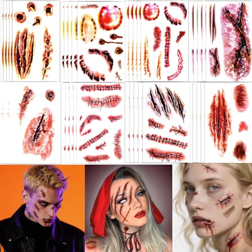 40 Sheets Fake Scars Temporary Tattoo Fake Scratch Scar Wound Body Face Stickers Halloween Makeup for Adults Cosplay Party