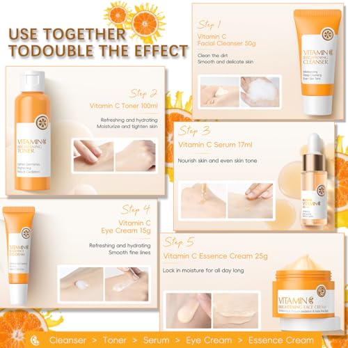 Vitamin C Skincare Set, Complete Face Care Kit with Cleanser, Toner, Serum, Eye Cream and Face Cream