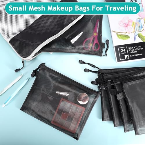 15-Piece Mesh Zipper Pouch Set, Nylon Mesh Makeup Bags, Portable Organizing Pouches for Travel (Black, 8.8x7 Inch)
