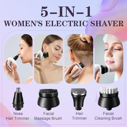 Electric Razors for Women Legs: 5-in-1 Electric Shaver with 7D Head - IPX6 Waterproof Wet Dry Hair Remover with LED Display & Travel Lock for Face Bikini (White Pink)