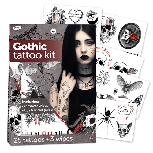 Savvi - 25 Gothic Temporary Tattoos: Skin-Safe Ink, Box Set Includes Tattoo Remover Wipes, Great for Parties or Everyday Wear, Gifts for Boys and Girls Ages 4-12+ [5 sheets, 25 count]