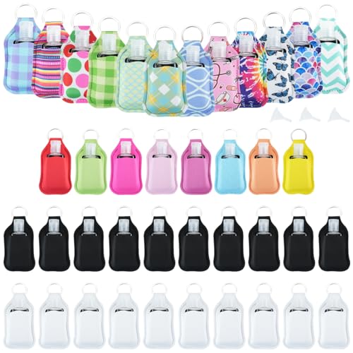 83Pcs Hand Sanitizer Holder Set, 40 Pcs Hand Sanitizer Holder Keychains & 40 Reusable Flip Cap Travel Bottles (30ml/1oz), 3 Funnels, For Travel, Vacation, Camping, Picnic, Party, Home, Office