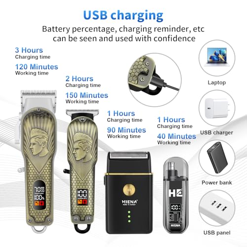 HIENA PRO Professional Hair Clippers for Men, Cordless Hair Clipper for Barber Clippers and Trimmer LED Haircut Set with Foil Shaver, Nose Trimmer, Rechargeable Clippers for Men