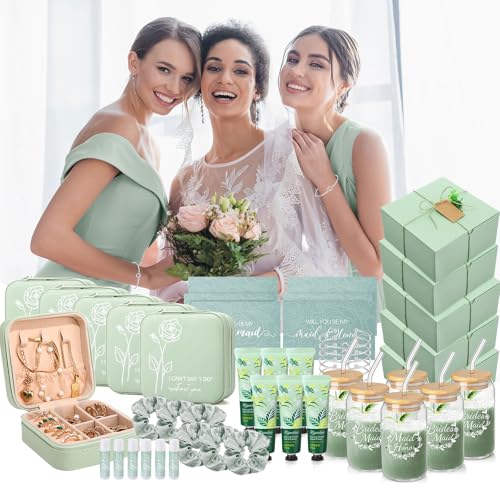 60 Pcs Bridesmaid Proposal Gifts Bridesmaid Box Set Maid of Honor Gifts Wedding Bridal Shower Include Jewelry Box Glass Cup Scrunchies Hair Knotted Bracelets Hand Cream Lip Balm Cards(Green)