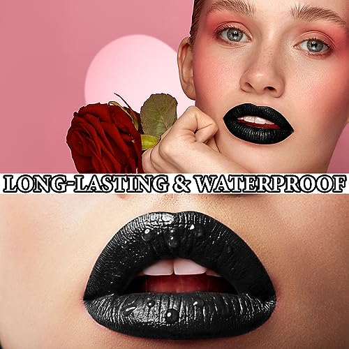 3 PCS Black Matte Liquid Lipstick and Lipliner Set,High Pigmented Matte Lipstick Lipgloss Black Lip Liner Set Long Lasting Waterproof Velvet Liquid Lip Gloss Stain Set for Halloween Gothic Makeup