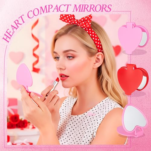50 Pcs Heart Shaped Compact Mirror Bulk Valentines Day Small Gifts Galentines Mini Folding Pocket Mirrors Red and Pink Makeup Mirror for Women Travel Daily Use Wedding Favor Supplies
